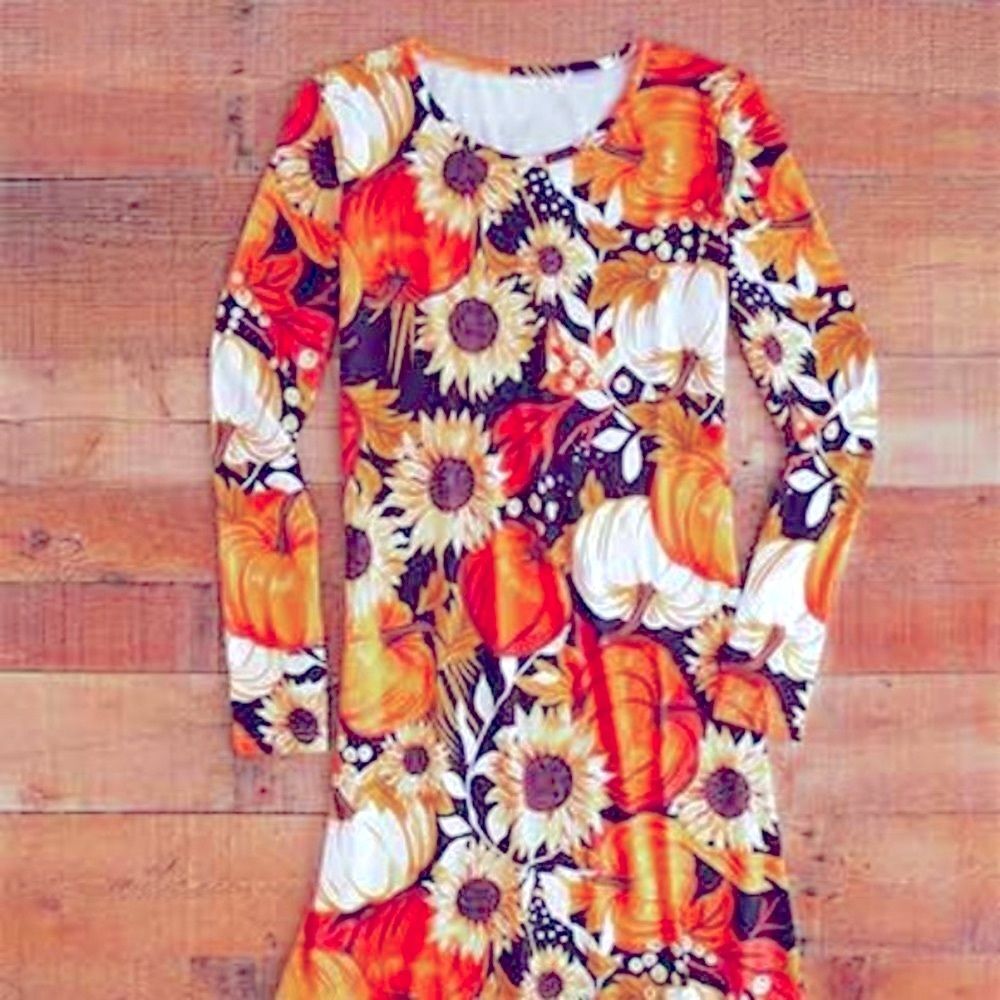 NEW Orange Pumpkin Cottagecore Festival Scoop Neck Long Sleeve XL Dress